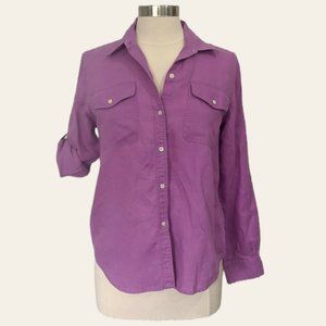 Lauren Ralph Lauren Petite Large 100% Linen Top Purple Roll Tab Collar